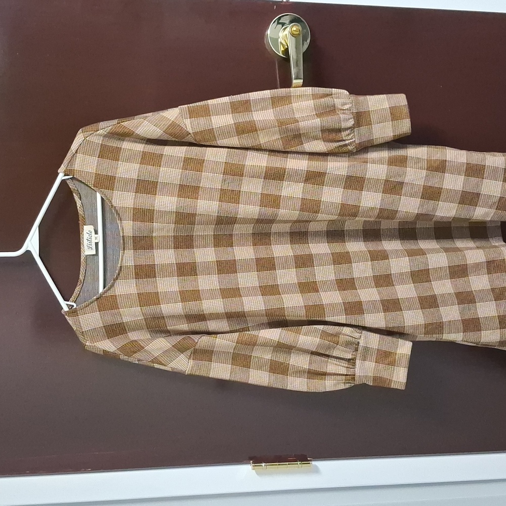 120. Listicle Plaid Brown Ballon Sleeve Dress